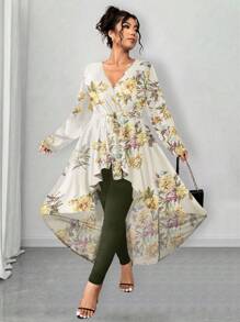 Elenzga Set de 2 piezas para mujer talla grande: Blusa de manga larga con escote en V y cinturón con estampado floral de gasa y leggings ajustados