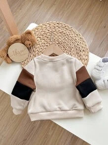 男婴休闲可爱舒适针织袖拼接圆领长袖运动衫，适合外出、上学、日常聚会、秋冬季 - 彩色 - 查看 2