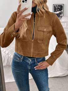 EMERY ROSE Áo khoác ngắn ấm áp cho nữ có túi lớn và nút kim loại, màu xanh quân đội, mùa thu/đông - Màu Khaki - Xem 6