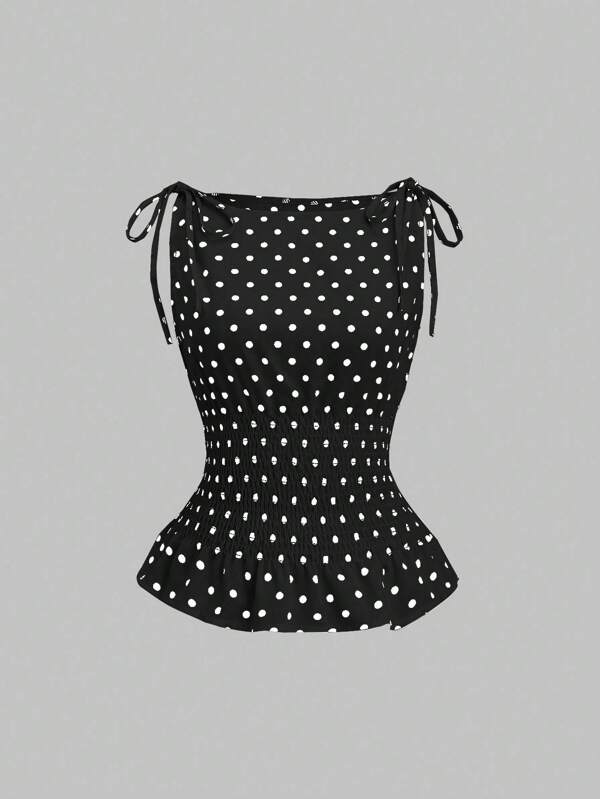 Sweetra Women's Elegant French Style Polka Dot Bow Shoulder Tie Waist Slim Fit Casual Versatile Tank Top, Spring/Summer