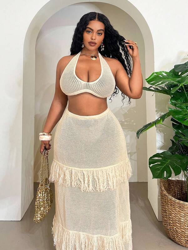 Slaydiva Plus Size Women Casual Vacation Beach Apricot Tassel Crochet Knit Sexy Sleeveless Halter Low-Cut Tie Front Crop Top/Super Long Maxi Skirt
