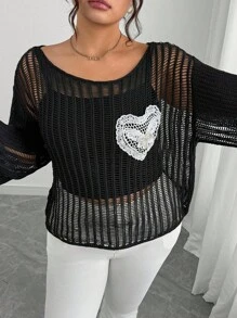 Elenzga Suéter feminino plus size com bolso vazado e manga comprida, versátil e sensual, primavera/outono