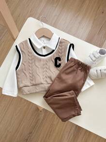Conjunto de 3 piezas para niño pequeño de camiseta de punto casual universitaria, versátil y a juego, chaleco de color contrastado, camisa de manga larga y pantalones casuales caqui para volver al colegio, otoño/invierno