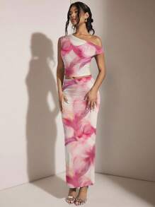 SHEIN BAE 女士不对称领口不对称褶皱紧身两件套，适合夏季/粉色两件套/海滩度假套装/生日派对套装/海岛度假套装