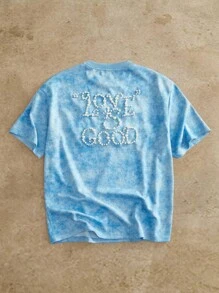 Manfinity BRENVOR Heavy Embellished Pearls & Slogan Print Men's T-Shirt, Summer - Blue - View 2