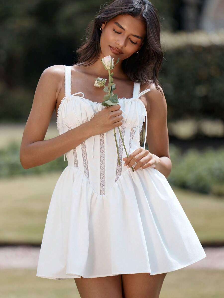MISSGUIDED Corset Mini Dress Summer Poplin Lace Panel Empire Waist Skater Flare Wedding Guest Reception Bridal Shower Party Sweetheart Neckline - White - View 1