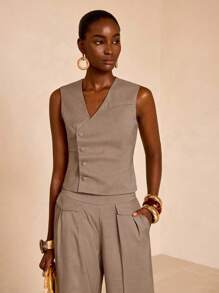 Zivah Conjunto de traje casual de verano 2025 para festivales de música y graduación: Top sin mangas de tela de lino texturizada con diseño de botones y pantalones rectos en caqui, adecuado para ocio, playa, uso diario / Conjunto de pantalones de lino / Conjunto de pantalones de verano / Conjunto de ropa de verano para mujer / Conjunto de pantalones de pierna ancha