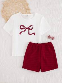 Set da due pezzi per ragazze pre-adolescenti, composto da top a maniche corte con stampa a fiocco in jacquard avorio e pantaloncini a righe in maglia, adatto per il ritorno a scuola - Multicolore - Visualizzare 7