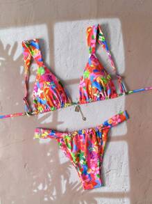 Swim Mod Women Fashion Random Print Spaghetti Strap Metal Decor Sexy Bikini Set, Bathing Suit For Summer Beach Vacation