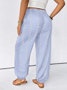 EMERY ROSE Plus Size Women Wide Leg Pants, Casual Chinese Style Trousers Suitable For Party, Gathering, Street Wear, Vacation, St. Patrick's Day, Easter, Valentine's Day, Thanksgiving, Versatile, Slimming, Spring/Summer Fall Cloth For Women - Blue and White - View 2