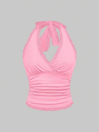 Grunge Punk Top donna con scollo alla halter, senza schienale, con patchwork in pizzo e arricciature, in tinta unita, stile Y2K