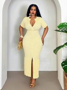 Slaydiva 春夏新品百搭优雅针织 A 字裙，休闲日常穿着，生日，派对，通勤，大码，短袖圆领 - 黃色 - 查看 3