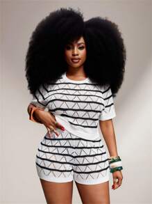 Slaydiva 秋冬新品，女士秋冬服装，万圣节，音乐节，复活节，西部风，生日派对，毕业典礼，学生装，日常穿着，休闲装，度假，邮轮旅行，海滩，日光浴，时尚，女士黑白杏色针织修身短袖上衣和短裤加大码家居服套装 - 黑與白 - 查看 10