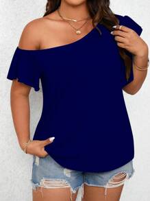 EMERY ROSE Áo thun trơn cổ bẻ bất đối xứng cỡ lớn cho nữ - Màu xanh hải quân - Xem 3