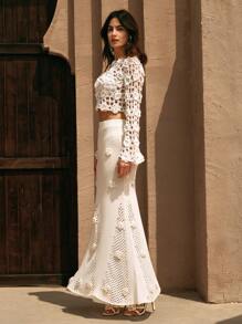 Anewsta Romantic Embroidered 3D Floral Openwork Knitted Skirt, Suitable For Holiday & Travel, Spring/Summer - White - View 6