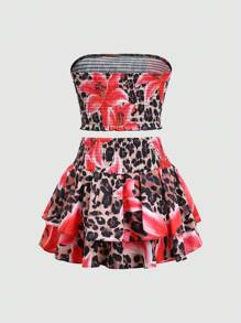 SHEIN Sweetro Bộ đồ hai mảnh thêu họa tiết da báo và chân váy nhiều lớp Y2K Outfit - Màu Hồng  Dưa hấu - Xem 2