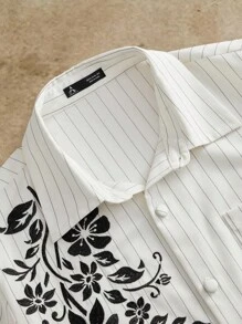 Manfinity BRENVOR Summer Men's Short Sleeve Striped Shirt With Embroidery Graphic Pocket - White - View 3