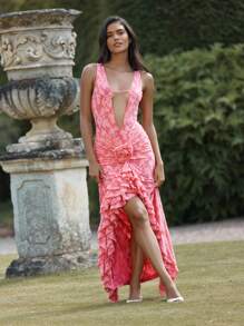 MISSGUIDED Evening Plunge Neck Ruched Maxi Dress Glam Wedding Guest Gown With Rose Detail Front Split Ruffled Hem Special Occasion Gown - Hot Pink - View 1