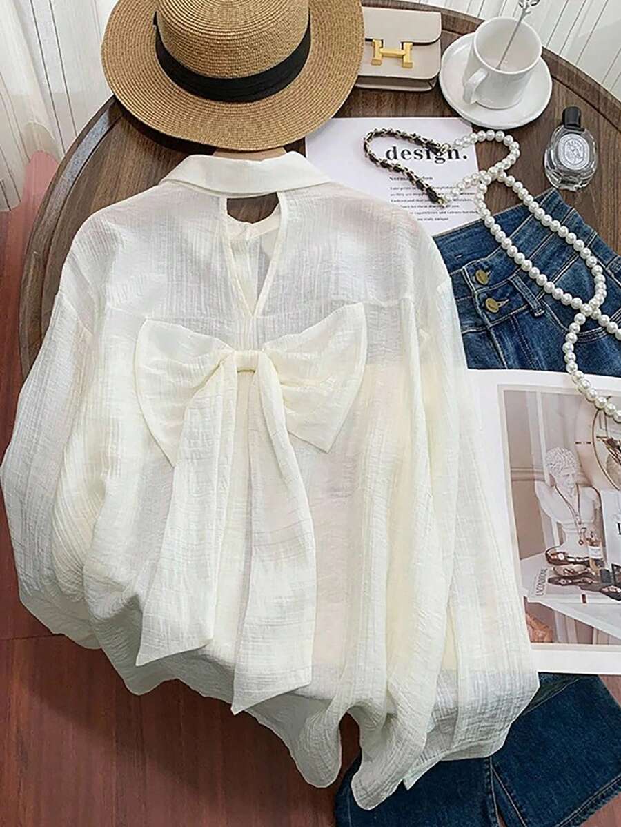 Breezaya 女士时尚休闲镂空蝴蝶结后背衬衫 - 杏色 - 查看 1