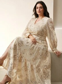 Anewsta Women's Elegant Vacation V-Neck Long Sleeve Hollow Dress With Sequin Texture - Apricot - View 6