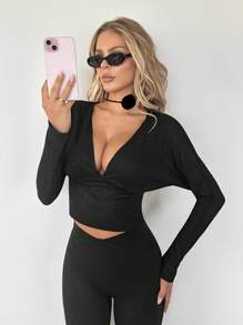 SHEIN ICON Áo cánh dài tay hở vai cổ chữ V sâu cho nữ - màu đen - Xem 2