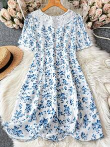 DreamSkyne Court Retro  Plus Size Women'S Color Block Collar & Floral Print Dress Vacation Beach Outfit