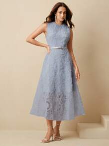 Anewsta Đầm midi không tay thiết kế thanh lịch cho nữ, trang trí hoa nhiều lớp, thắt eo ngọc trai, thích hợp cho mùa xuân, mùa hè, lễ hội, tốt nghiệp - Màu xanh lam - Xem 7