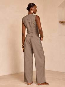 Zivah Conjunto de traje casual de verano 2025 para festivales de música y graduación: Top sin mangas de tela de lino texturizada con diseño de botones y pantalones rectos en caqui, adecuado para ocio, playa, uso diario / Conjunto de pantalones de lino / Conjunto de pantalones de verano / Conjunto de ropa de verano para mujer / Conjunto de pantalones de pierna ancha