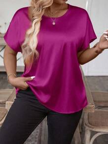 Breezaya Plus Size Summer Elegant Simple Round Neck Short Sleeve Shirt - Red Violet - View 6
