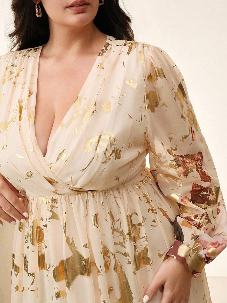 Elegant Sheer Sleeve Criss-Cross Collar Long Formal Printed Dress For Women