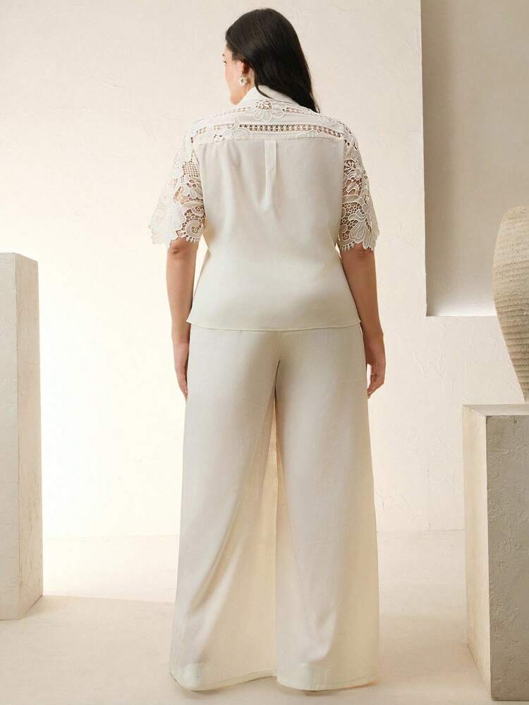 Plus Size Premium Elegant Women's Embroidered Lace Short Sleeve Shirt Top And Wide-Leg Pants Set