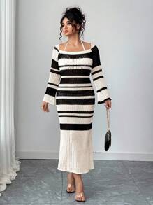 Elenzga Kooky Elegance 系列（Woe Is Me Vibes）（星期三美学）性感镂空拼色条纹长袖针织大码毛衣裙，适合外出、度假、派对，优雅 - 白色 - 查看 3
