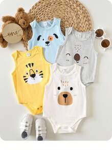 4件套新生儿男宝宝可爱卡通印花无袖连体衣套装，夏季图案 - 彩色 - 查看 1