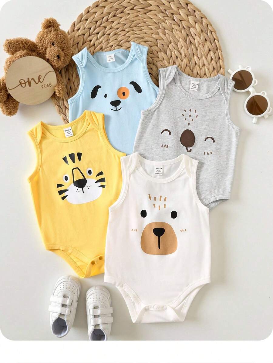 4件套新生儿男宝宝可爱卡通印花无袖连体衣套装，夏季图案 - 彩色 - 查看 1