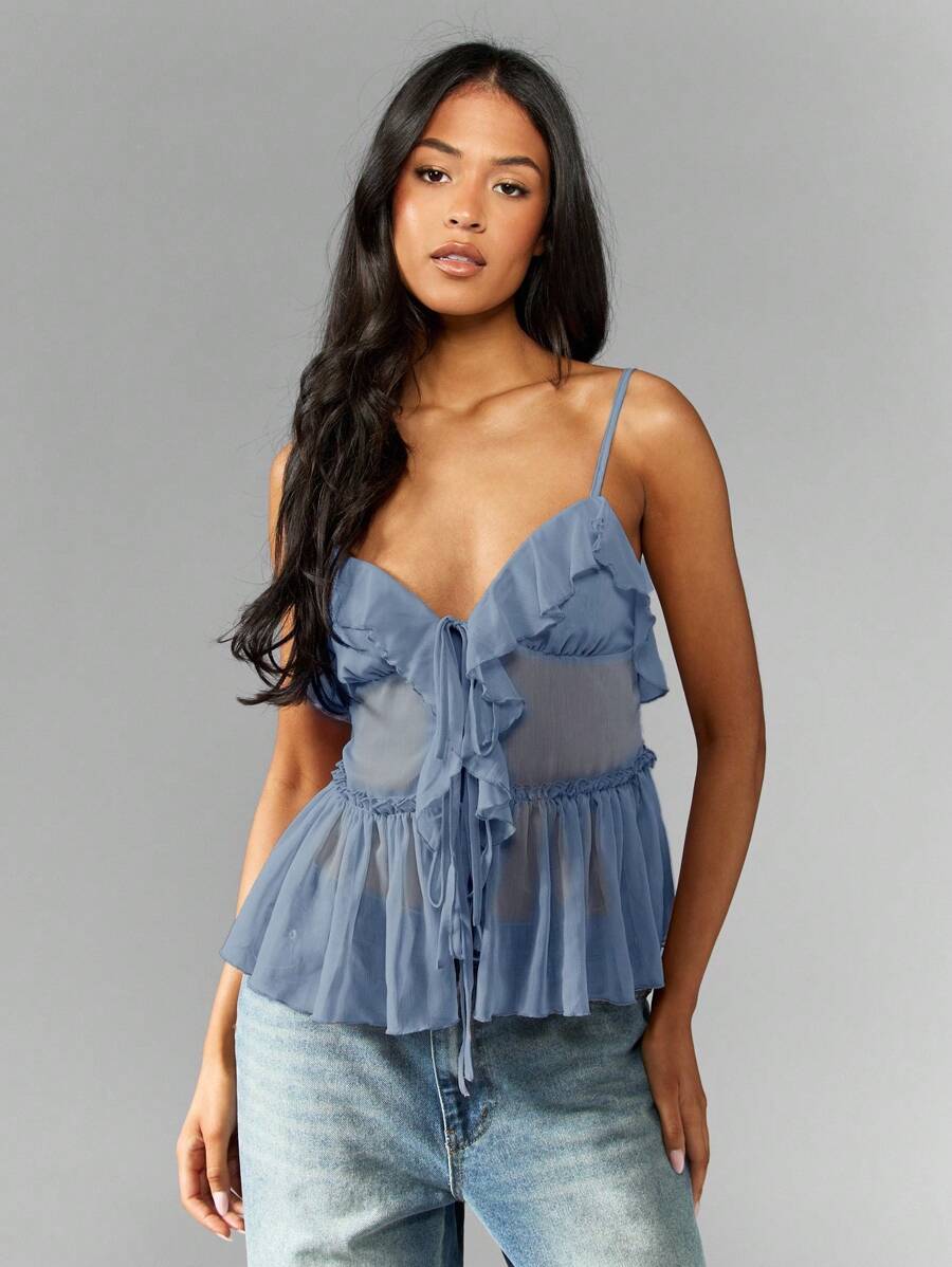 MISSGUIDED Ruffle Smock Cami Chiffon Summer Top Pleated Layer Peplum Bustier Spring Holiday Party Tank Camisole - Blue - View 1
