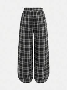 SHEIN Girlism 青少年女孩休闲简约格子抽绳宽松阔腿裤，适合日常休闲穿着，返校，返校服装女孩 - 黑與白 - 查看 3