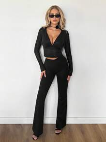 SHEIN ICON Áo cánh dài tay hở vai cổ chữ V sâu cho nữ - màu đen - Xem 6