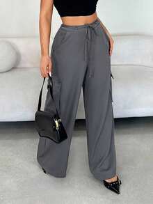 SHEIN SXY Pantalon cargo ample à jambes larges et poches à rabat de couleur unie pour femmes, pantalon à jambes larges pour femmes, pantalon gris, pantalon ample pour femmes, pantalon décontracté pour femmes, enseignante, Y2K, sortie, décontracté d'affaires, bureau - Gris - Voir 1