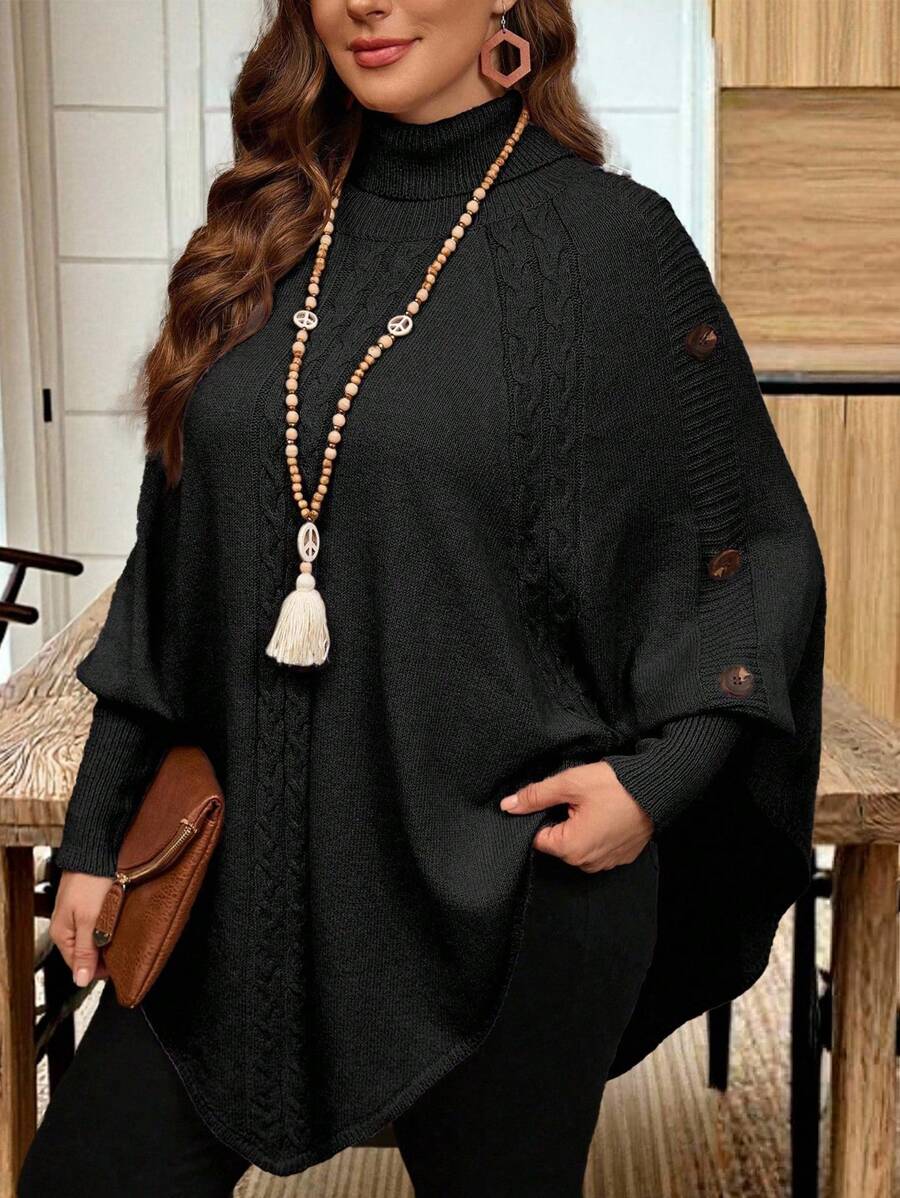 EMERY ROSE 女士加大码纯色针织纽扣领蝙蝠袖长袖高领斗篷毛衣，修身优雅，适合秋冬季节穿着。 - 黑色 - 查看 1
