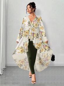 Elenzga Set de 2 piezas para mujer talla grande: Blusa de manga larga con escote en V y cinturón con estampado floral de gasa y leggings ajustados