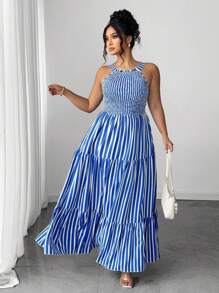 Elenzga Gaun Gingham Bergaris Vertikal Biru dan Putih dengan Ikat Pinggang - Blue and White - View 5