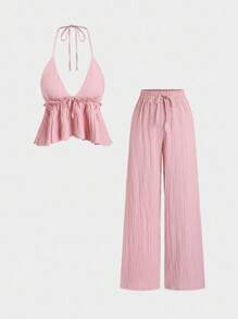 Sweetra 女士浪漫吊带背心，腰部系带设计，饰有荷叶边，搭配松紧腰纹理长裤，两件套 - 粉色 - 查看 1