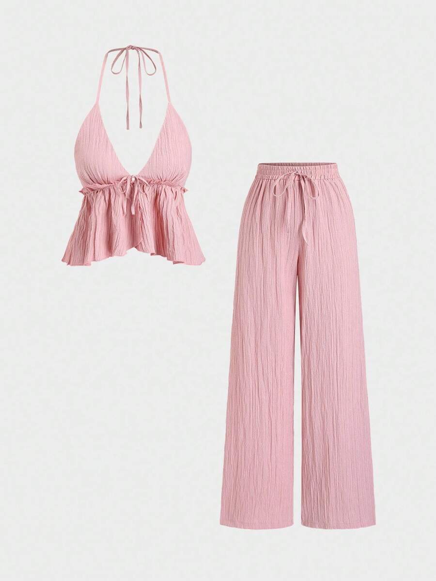 Sweetra 女士浪漫吊带背心，腰部系带设计，饰有荷叶边，搭配松紧腰纹理长裤，两件套 - 粉色 - 查看 1