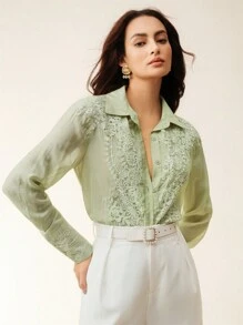 Anewsta 女士时尚蕾丝边开襟长袖衬衫 - 薄荷綠 - 查看 3