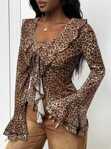 Slaydiva Elegant Brown Leopard Print Mesh Sheer Blouse,Autumn Ruffle Trim Tie Front Women Top For Night Out,Music Festival,Daily,Party,Date,Beach,Cruise - Multicolor - View 4