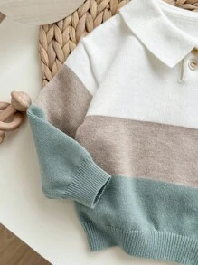 SHEIN Suéter de bebé niño de manga larga con cierre a presión, cuello suave y estampado de bloques de color - Blanco - Ver 4