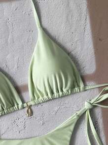 SHEIN Swim 纯色比基尼泳装，适合春假海滩度假 - 薄荷綠 - 查看 4