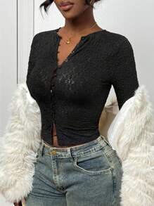 Slaydiva Women's Black Lace Sheer Flare Sleeve Cardigan,Elegant 2025 Summer Autumn New Collection,Suitable For Brunch,Music Festivals,Everyday Wear,Dates - Black - View 7