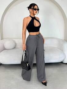 SHEIN SXY Pantalon cargo ample à jambes larges et poches à rabat de couleur unie pour femmes, pantalon à jambes larges pour femmes, pantalon gris, pantalon ample pour femmes, pantalon décontracté pour femmes, enseignante, Y2K, sortie, décontracté d'affaires, bureau - Gris - Voir 6