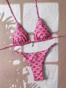 Elavelle Set Bikini Seksi Springbreak untuk Liburan Pantai Musim Panas dengan Motif Bunga Acak dan Tali Bahu Tipis serta Hiasan Logam - MultiWarna - View 4